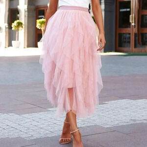 Dusty Pink Elegant Women's Layered Hem Mesh Overlay Skirt